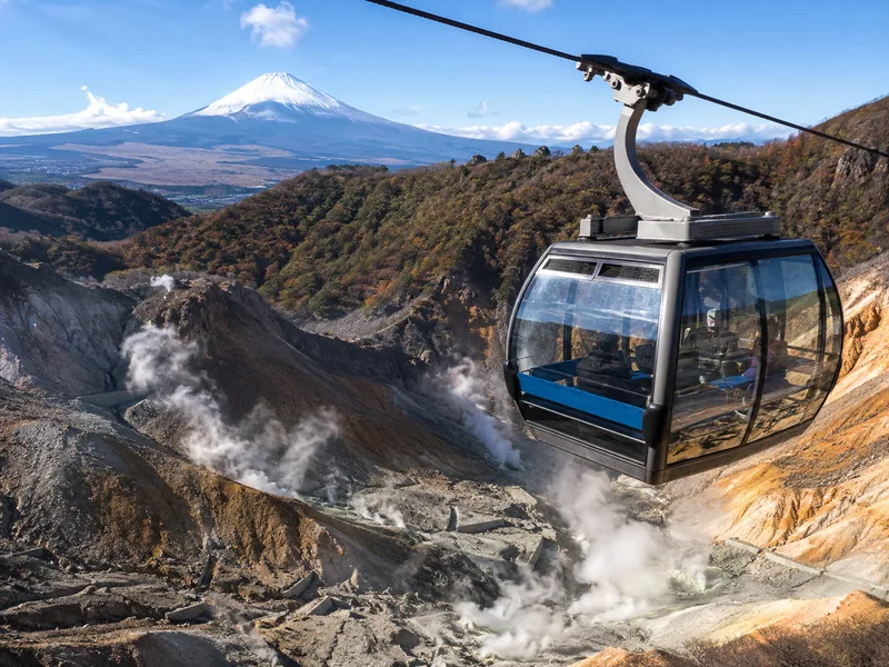 A Hakone Ropeway gondola on the crossing above Owakudani